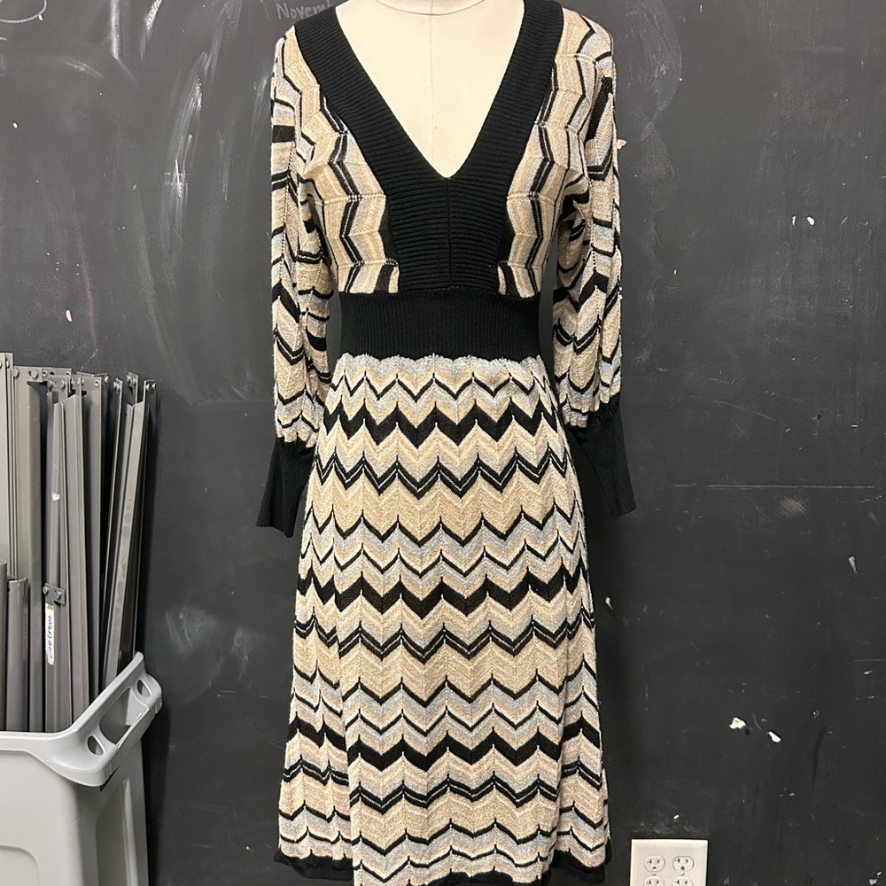 Express Black and Cream Chevron Long Sleeve Dress